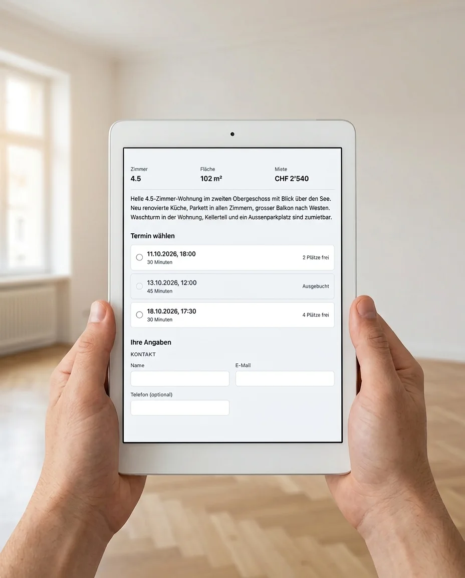 Zwei Hände halten in einer leeren, hellen Wohnung ein Tablet mit der öffentlichen Buchungsseite: Zimmer, Fläche und Miete der Wohnung, die Beschreibung und darunter die wählbaren Besichtigungstermine mit freien Plätzen.
