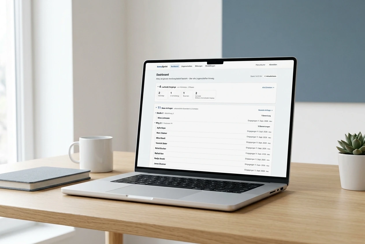 Ein Laptop auf einem hellen Schreibtisch zeigt das Dashboard von ImmoSprint: laufende Vorgänge je Phase, neue Anfragen je Einheit, offene Störungen und anstehende Übergaben auf einer Seite.
