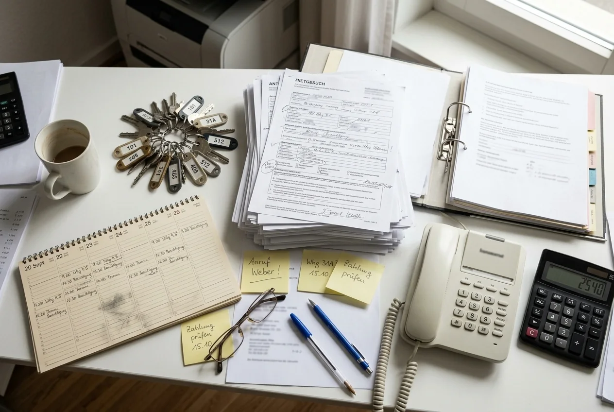 Ein Schreibtisch von oben: ein Stapel ausgedruckter Mietgesuche, ein Papierkalender mit handschriftlichen Besichtigungsterminen, ein Bund Wohnungsschlüssel mit Anhängern, gelbe Notizzettel, Telefon und Taschenrechner.