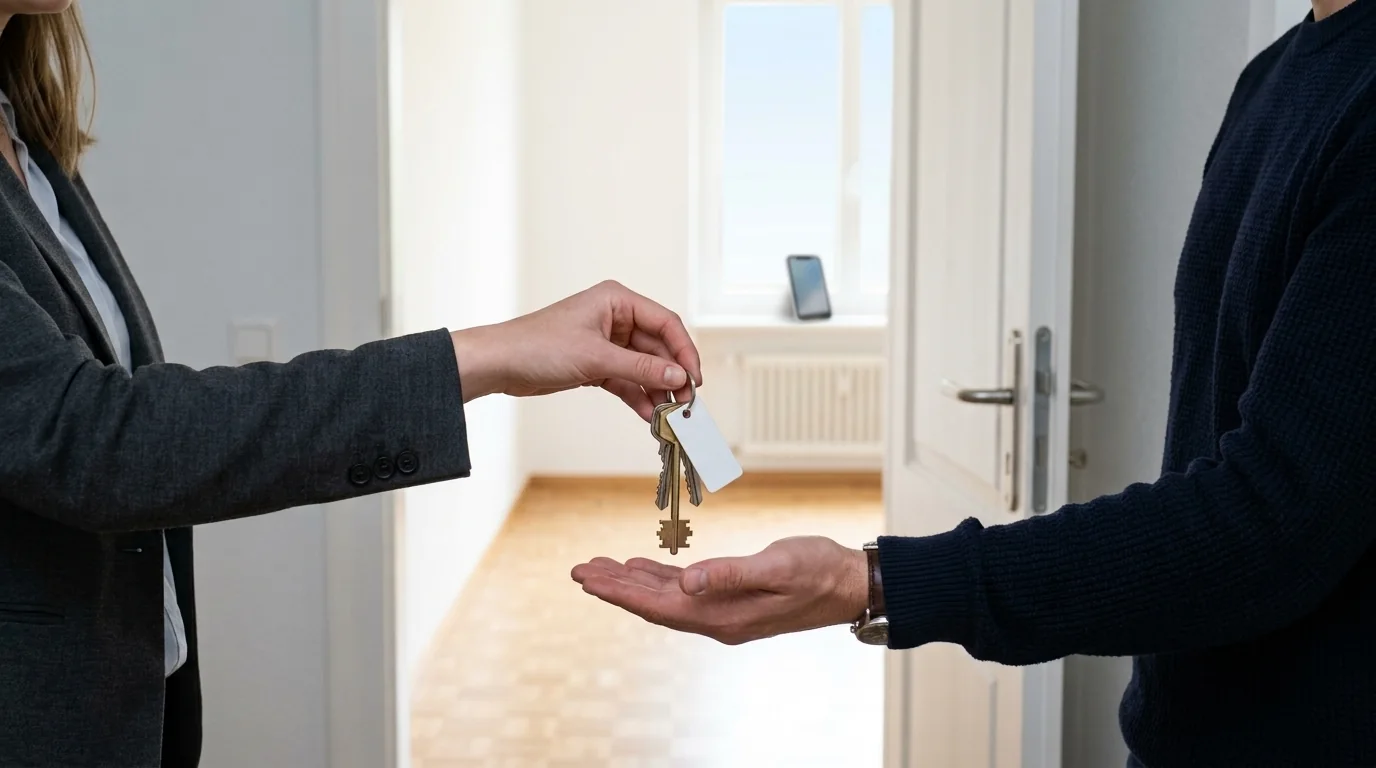 Wohnungsübergabe: Eine Bewirtschafterin reicht an der offenen Tür einer leeren, frisch gestrichenen Wohnung einem neuen Mieter den Schlüsselbund.